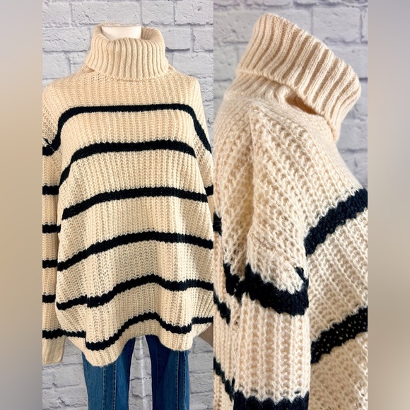 Sweaters - Handmade Turtleneck Pullover Sweater Cream Black Striped Oversized Cozy Casual